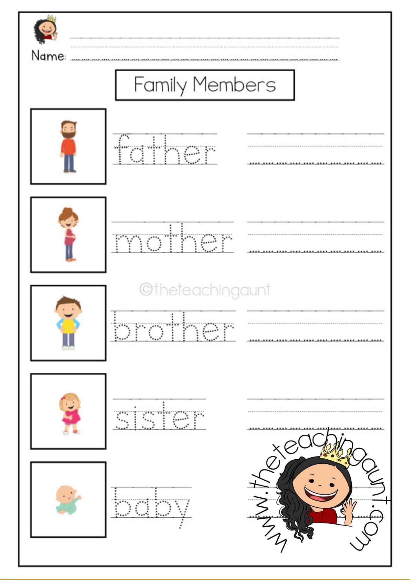 Free Family Members Tracing and Writing Worksheets from The Teaching Aunt