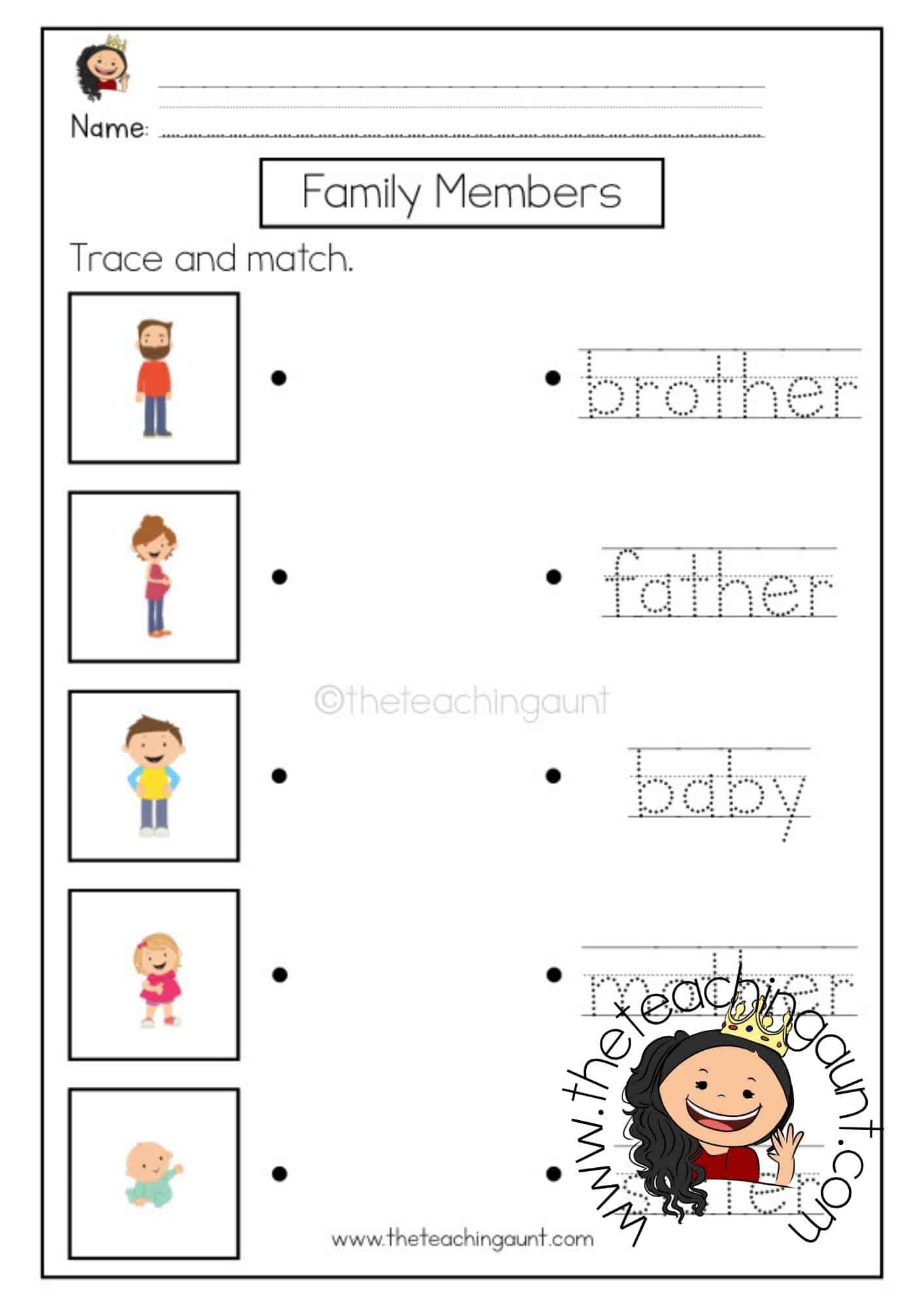 Free Family Members Matching Worksheet from The Teaching Aunt