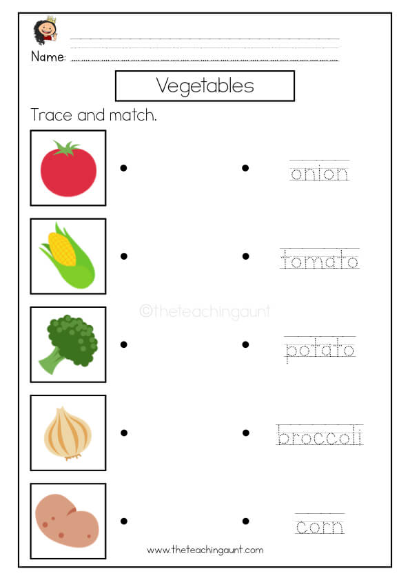 Trace and match vegetables pdf worksheet free printable