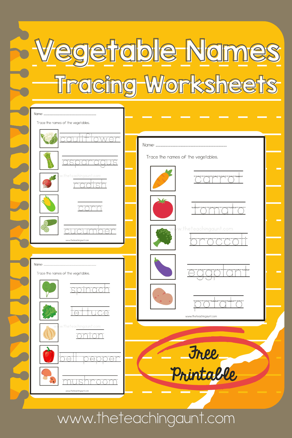 Free Vegetable Tracing Worksheets