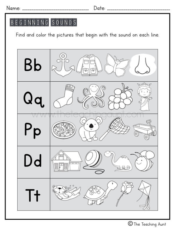 Beginning Letter Sounds Worksheets for Preschool Free Printable Page 1