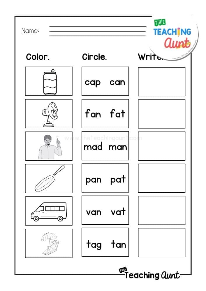 AN word family worksheets color read write