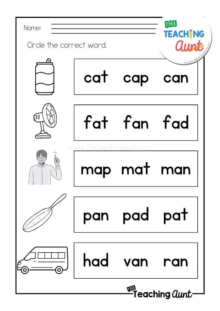 AN word family worksheets identifying objects