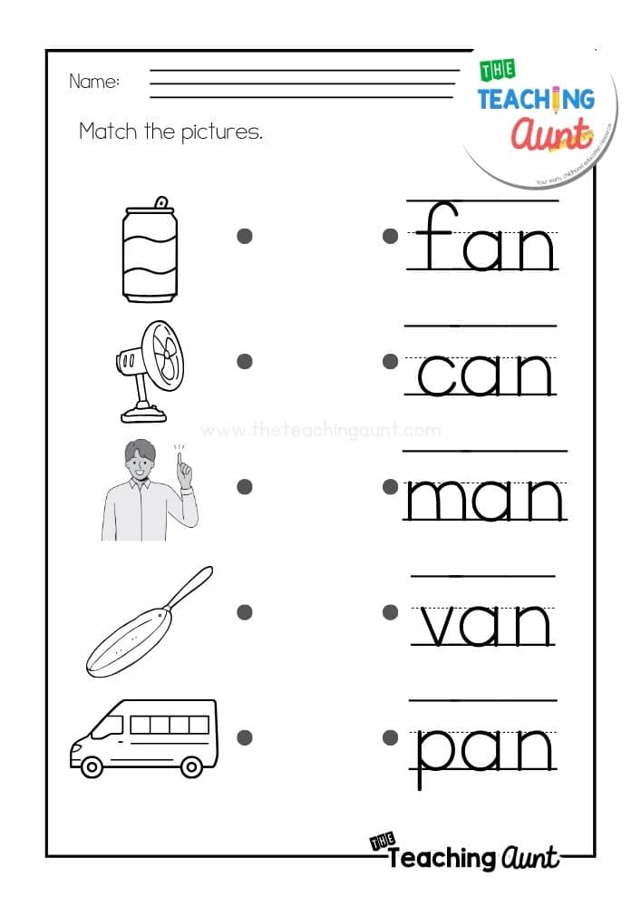 AN word family worksheets matching pictures