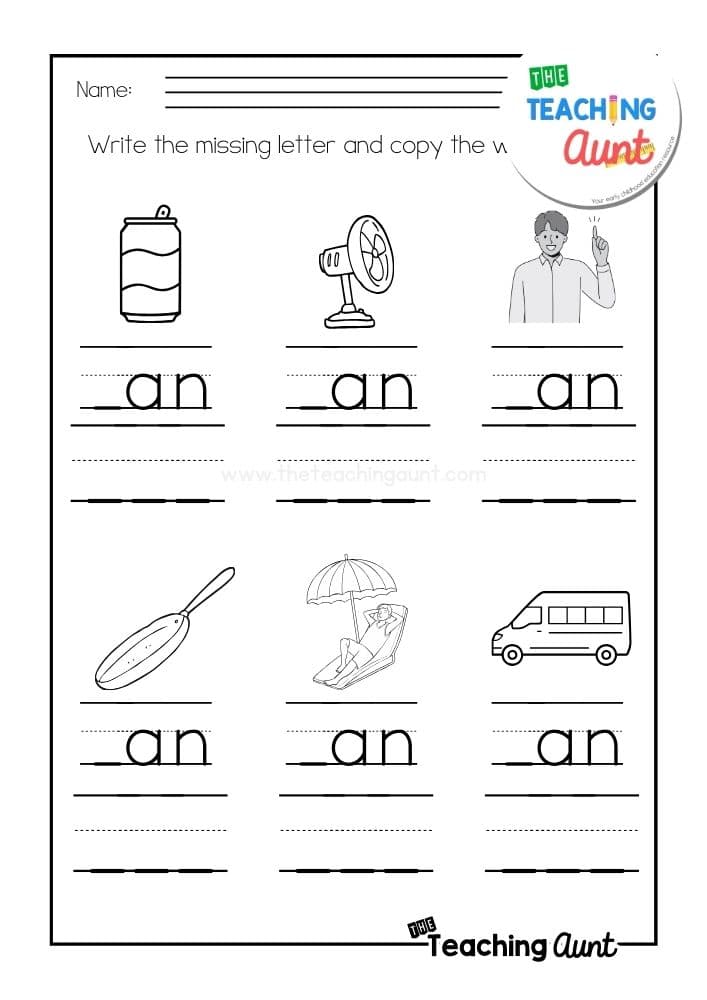AN word family worksheets missing letter