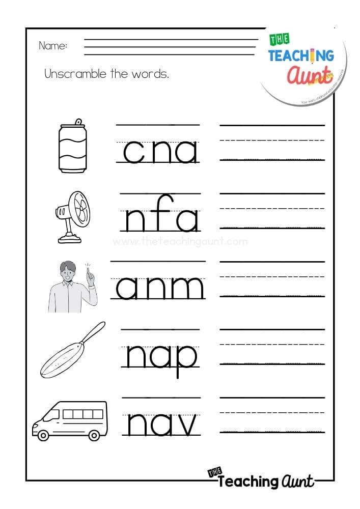 AN word family worksheets scrambled words