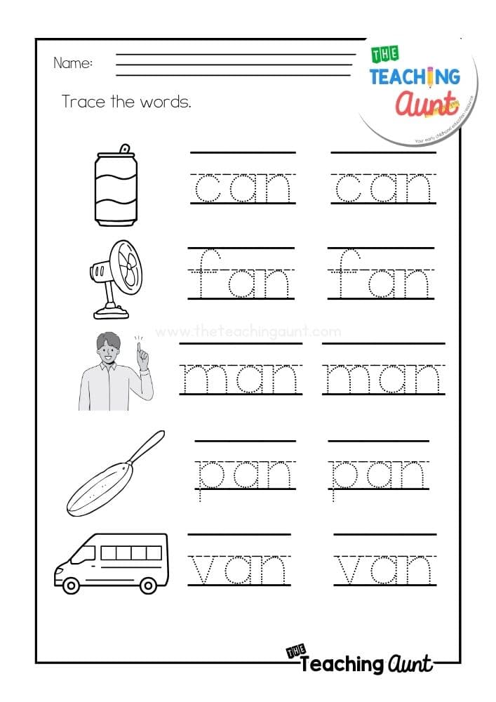 AN word family worksheets tracing