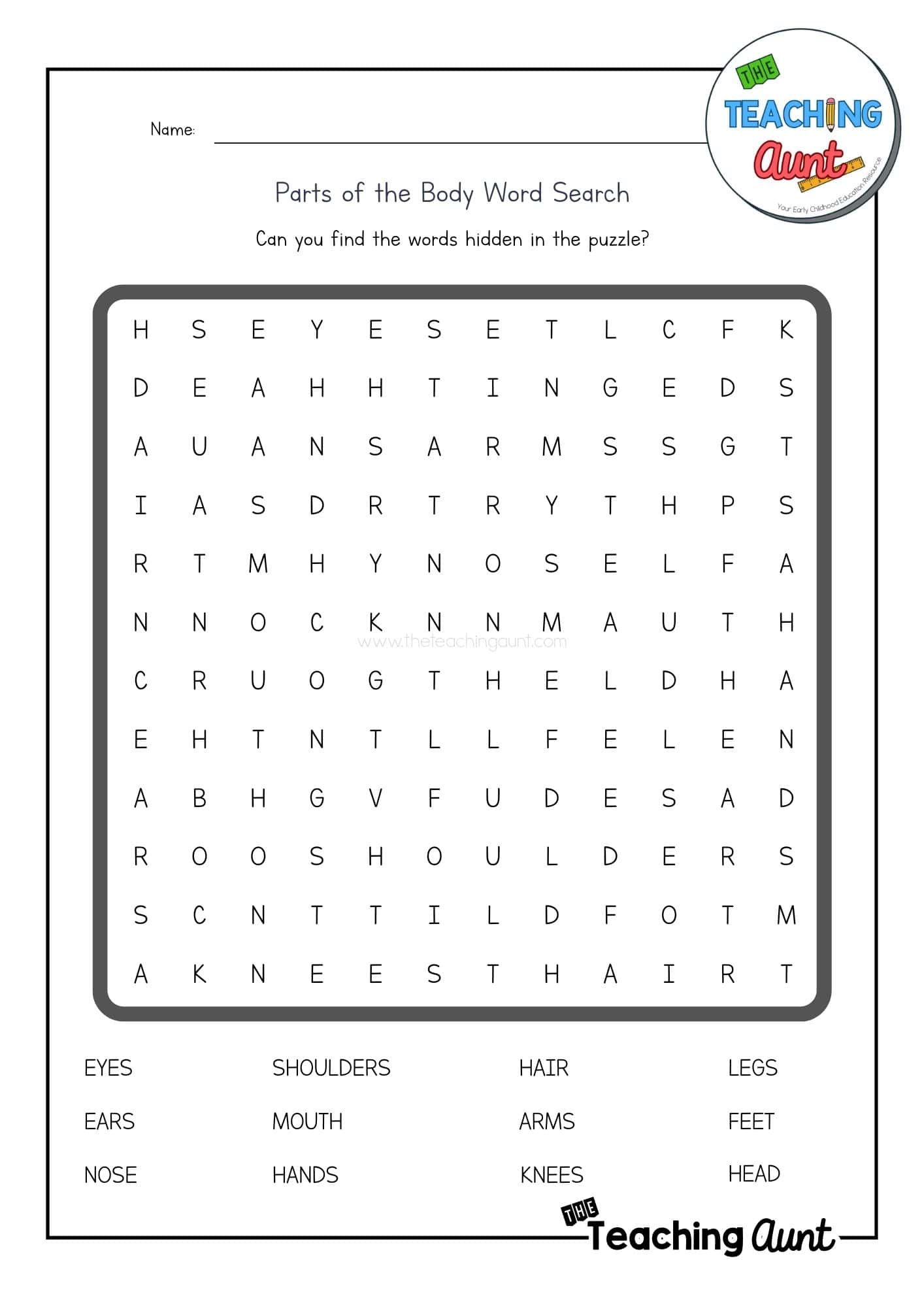 Parts of the Body worksheet Word search