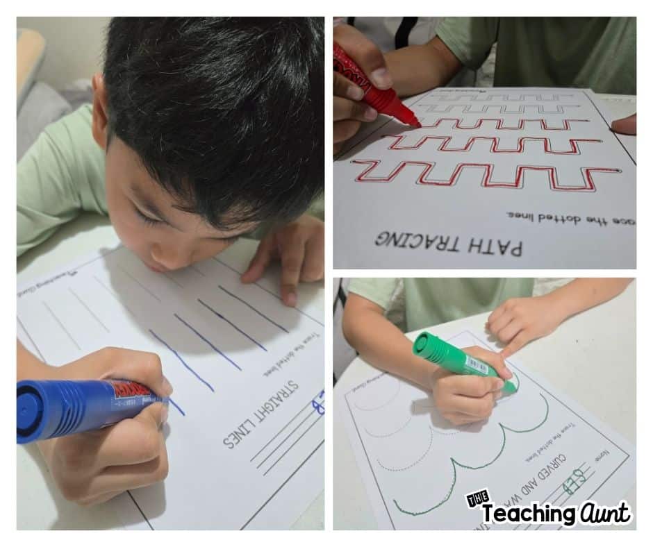 preschool child practicing tracing lines worksheets