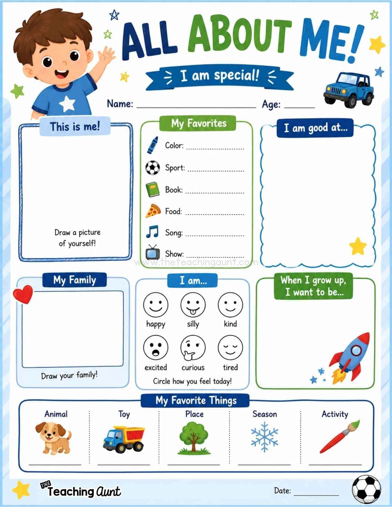 All About Me Worksheets Boy Theme