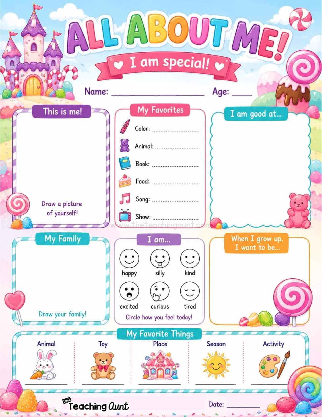 All About Me Worksheets Candy Land Theme