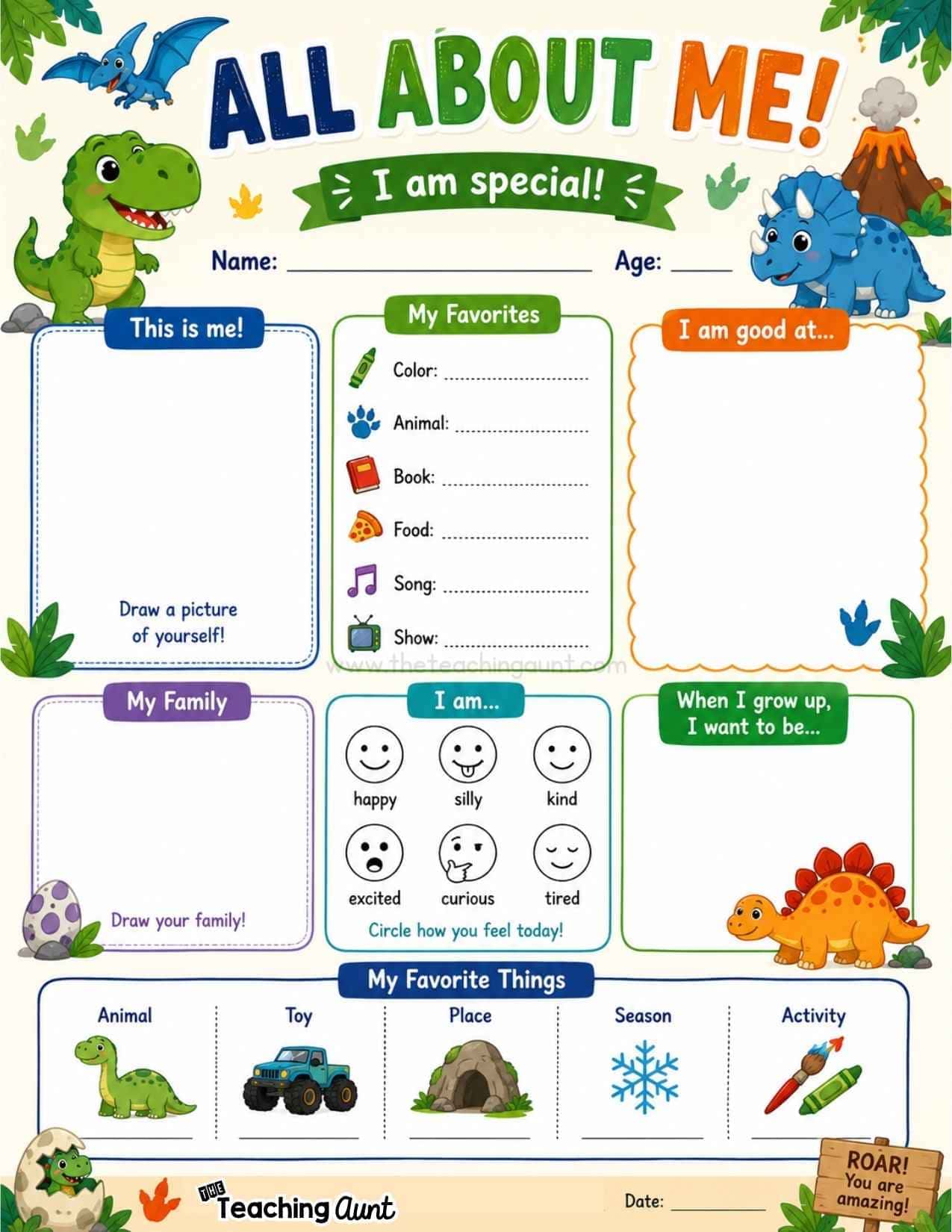 All About Me Worksheets Dinosaur Theme
