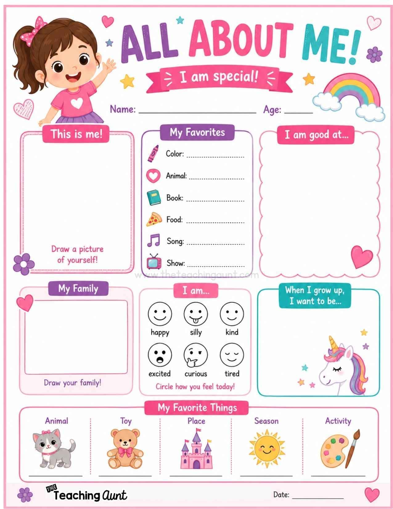 All About Me Worksheets Girl Theme