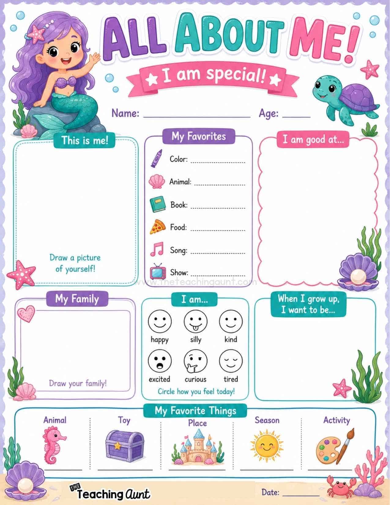 All About Me Worksheets Mermaid Theme