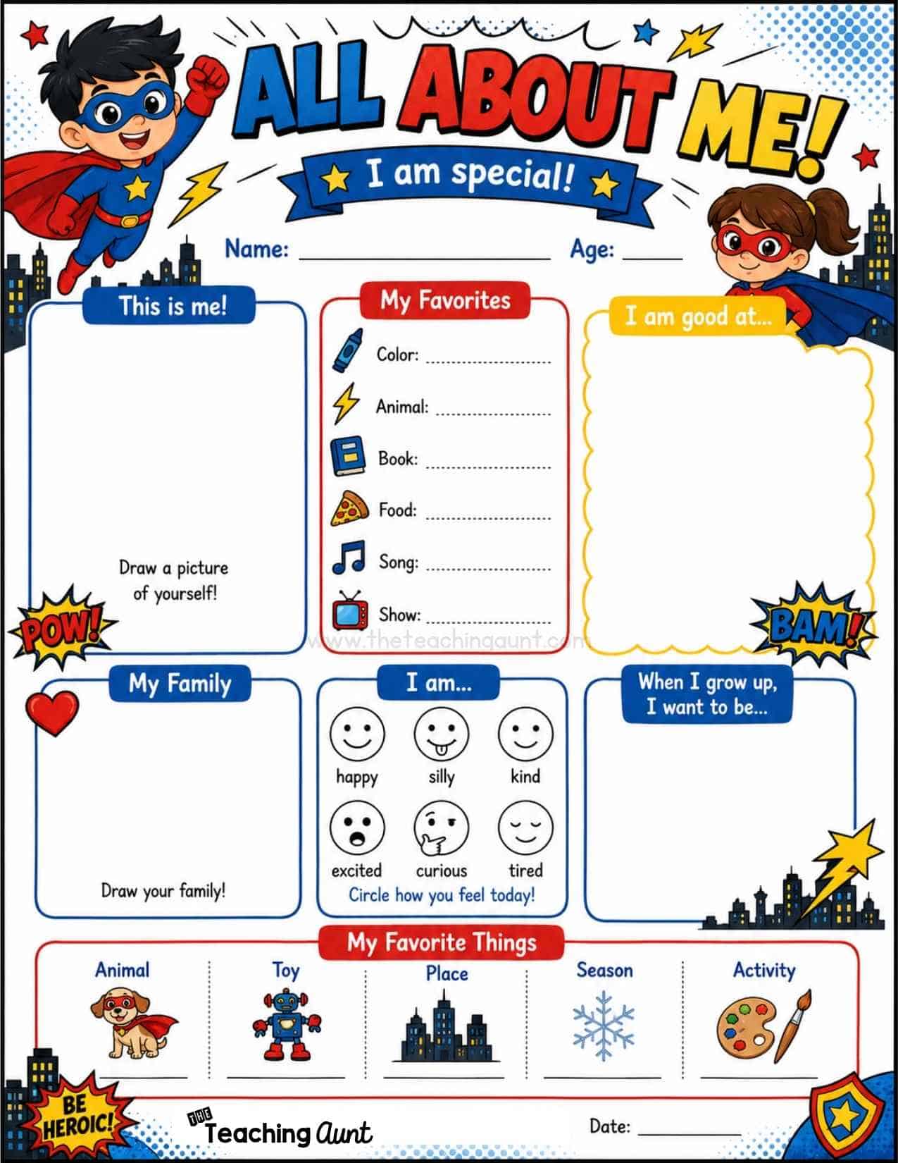 All About Me Worksheets Superhere Theme
