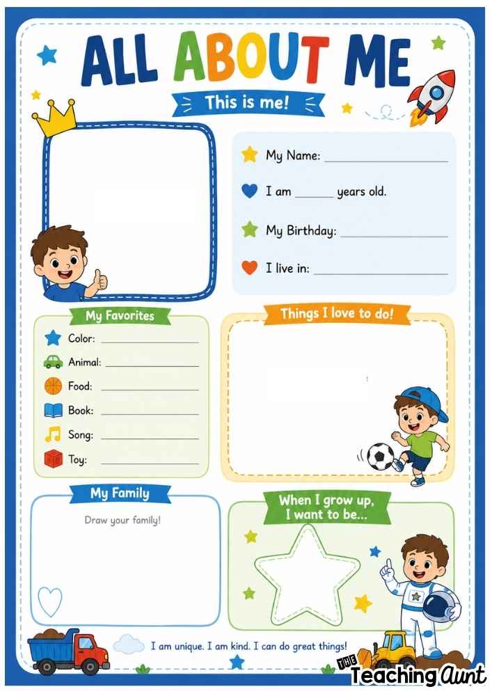 Free All About Me Worksheets Boys Theme