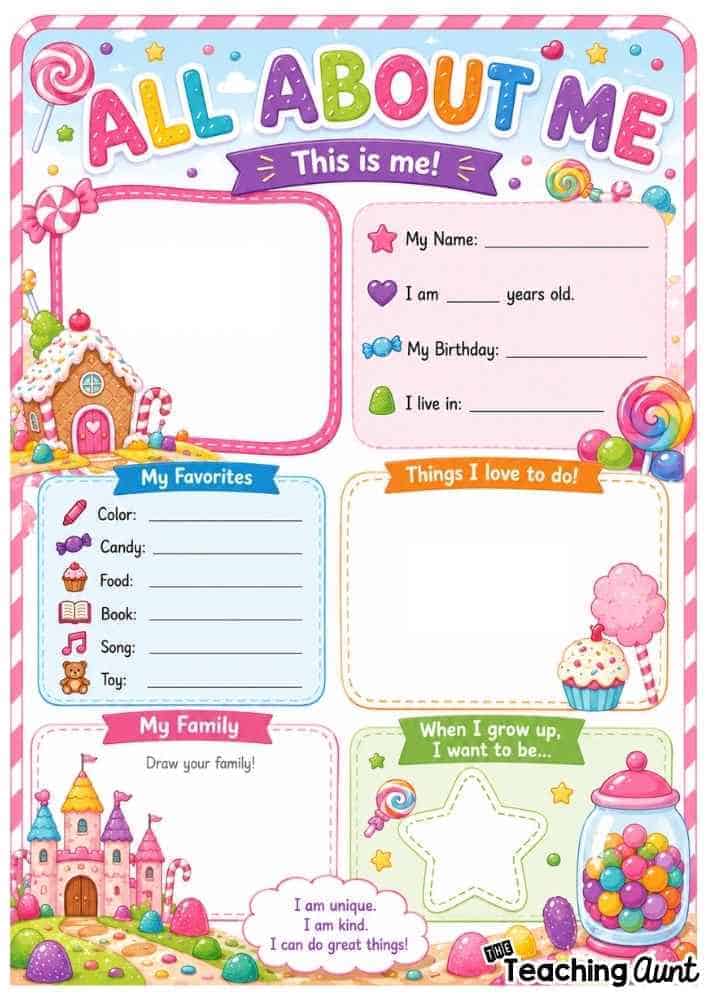 Free All About Me Worksheets Candyland Theme