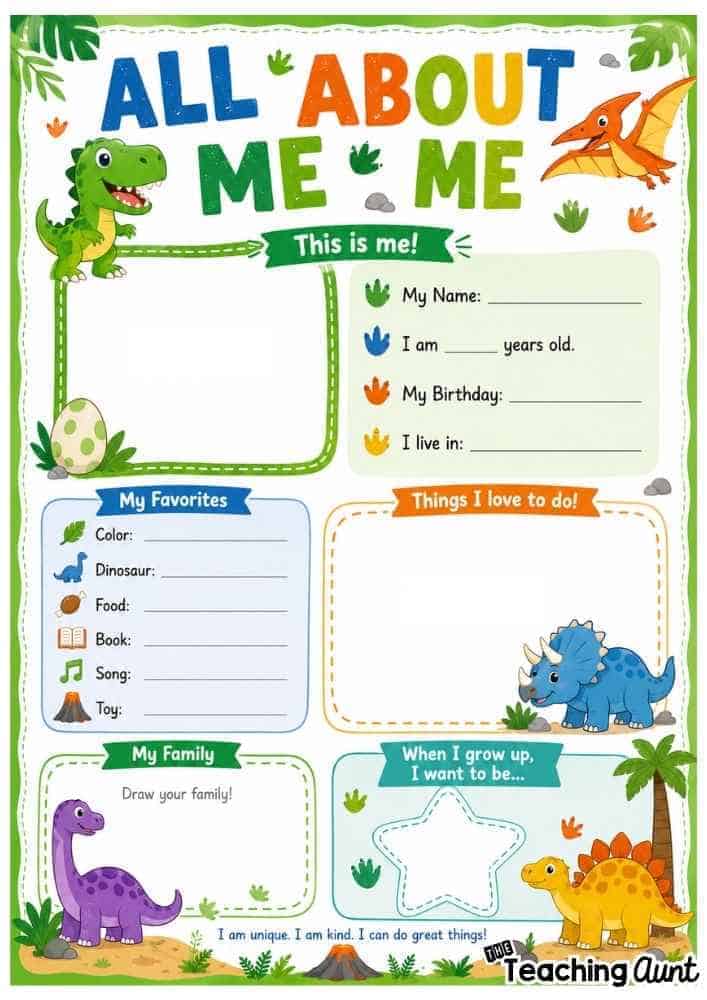 Free All About Me Worksheets Dinosaur Theme