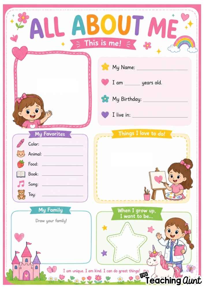 Free All About Me Worksheets Girls Theme