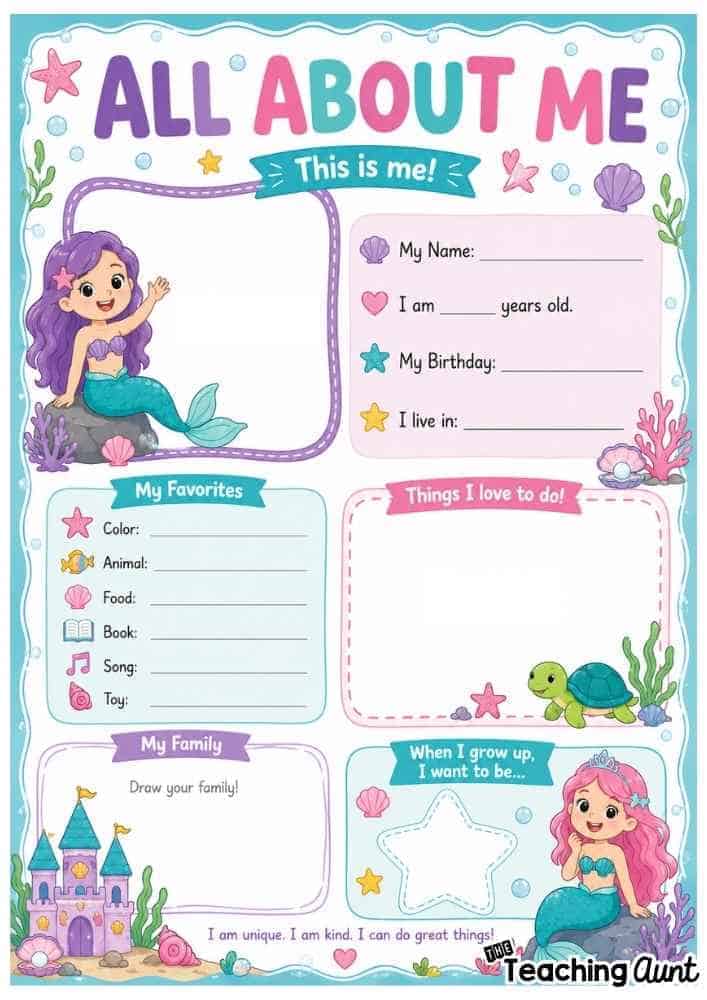 Free All About Me Worksheets Mermaid Theme