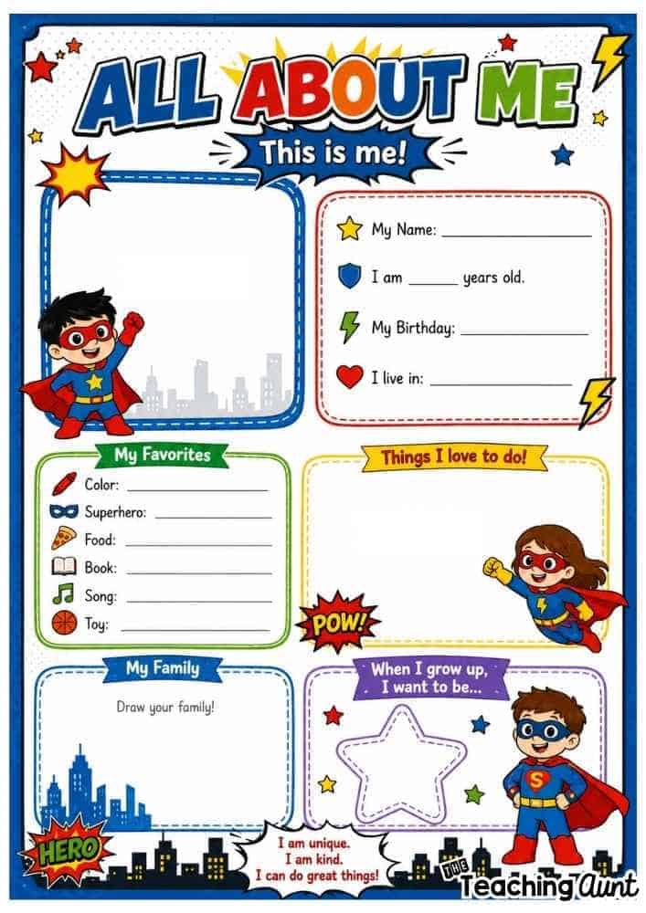 Free All About Me Worksheets Superhero Theme