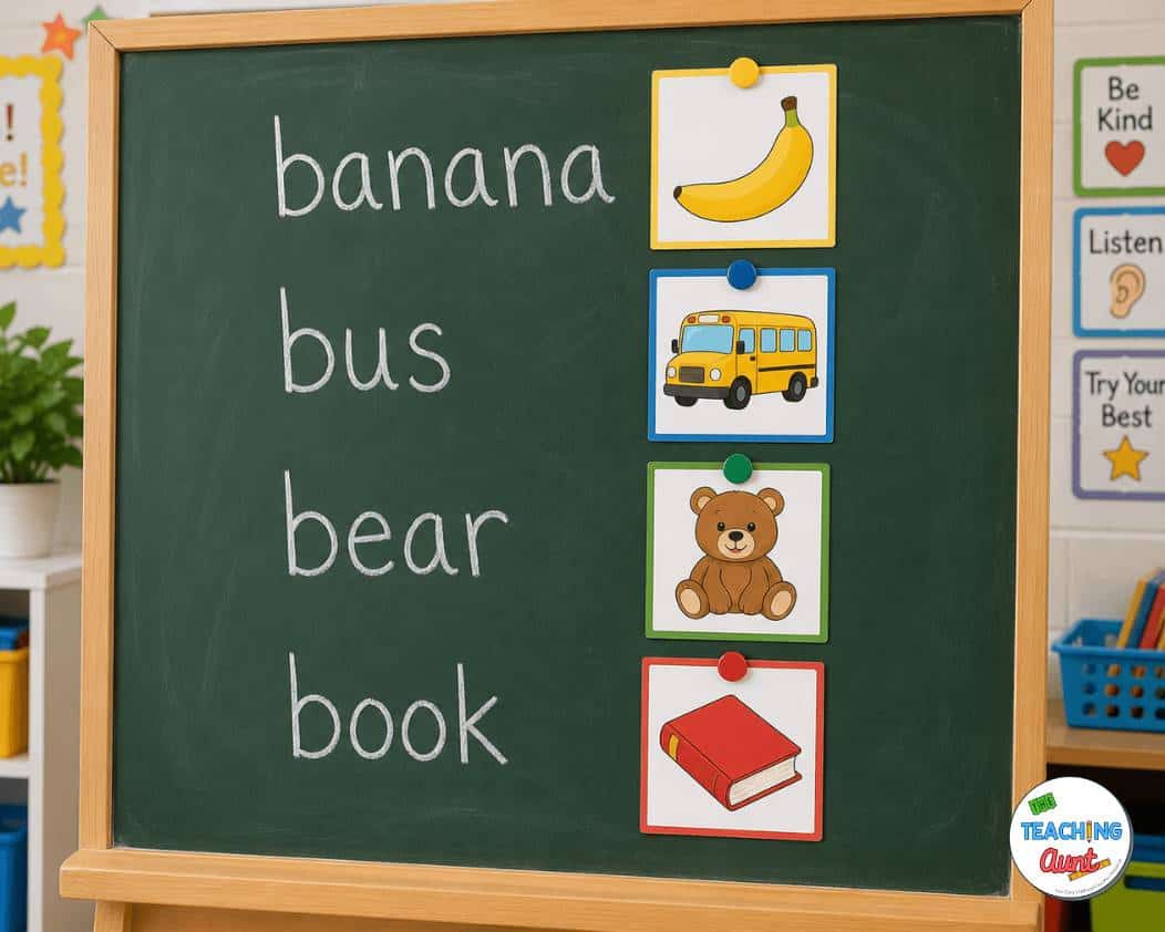 Classroom vocabulary board with cartoons