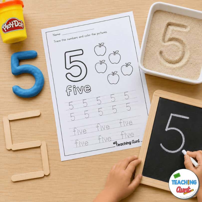 Hands-on number tracing activities with playdough, sand, craft sticks, and chalkboard