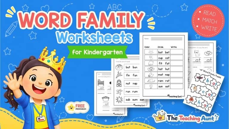 Free word family worksheets for kindergarten with reading, matching, and writing activities