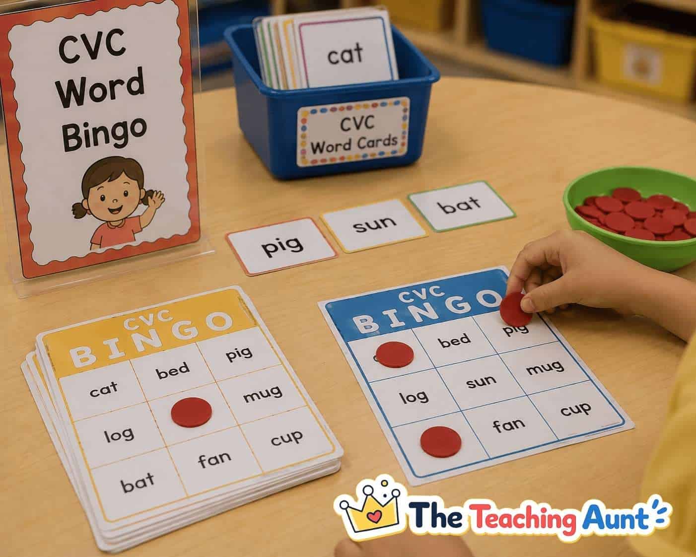 Children playing a CVC word bingo game with printable word cards
