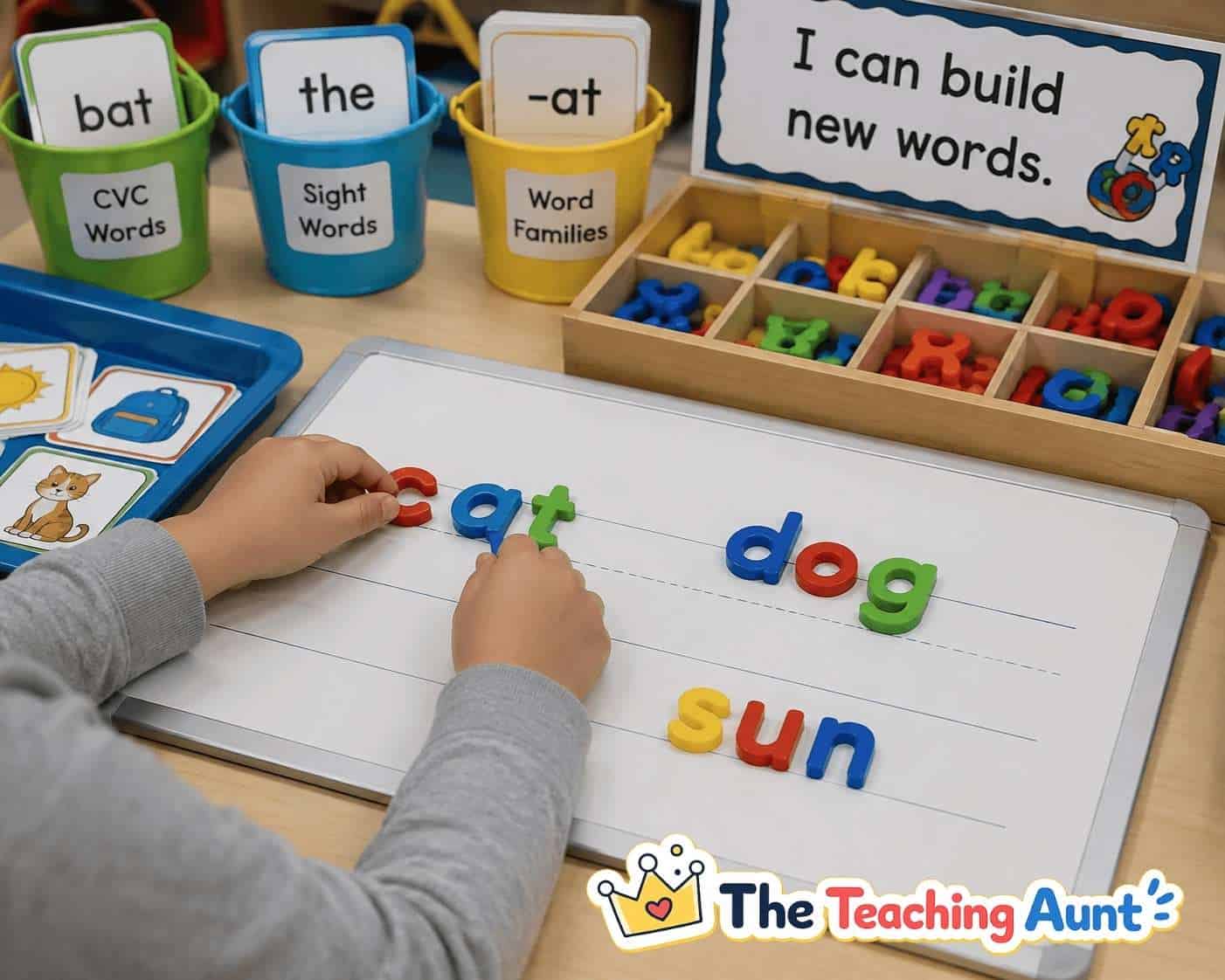 Child building CVC words with magnetic letters during a kindergarten phonics activity