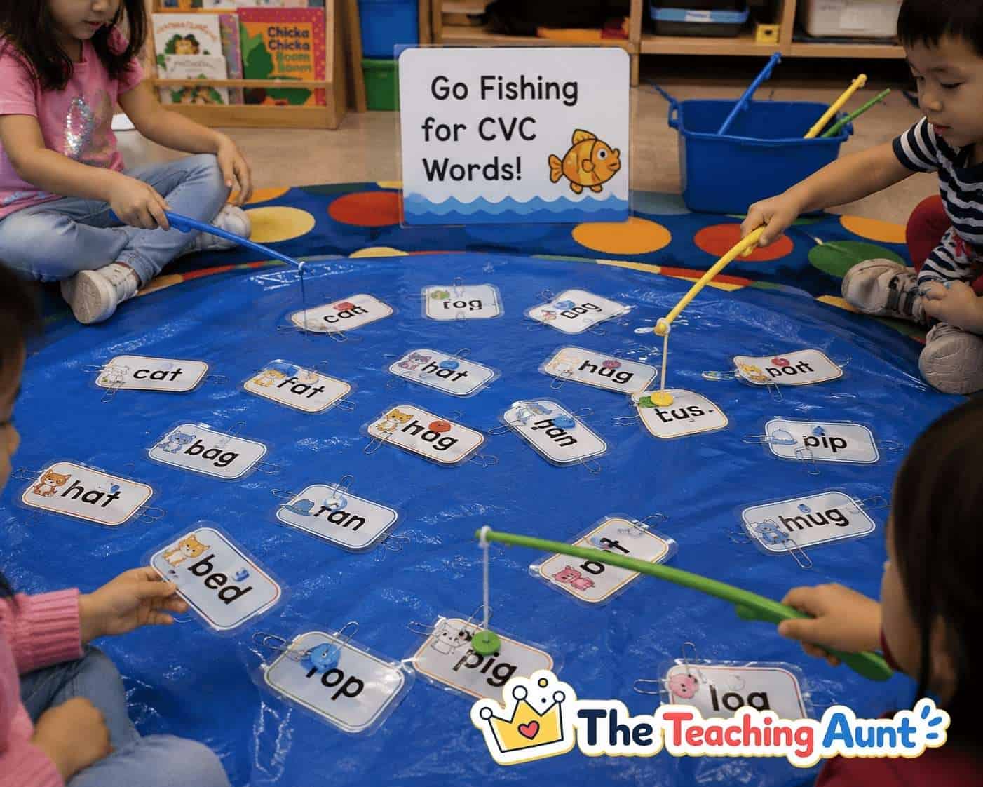 Children playing a CVC word fishing game to practice reading simple words