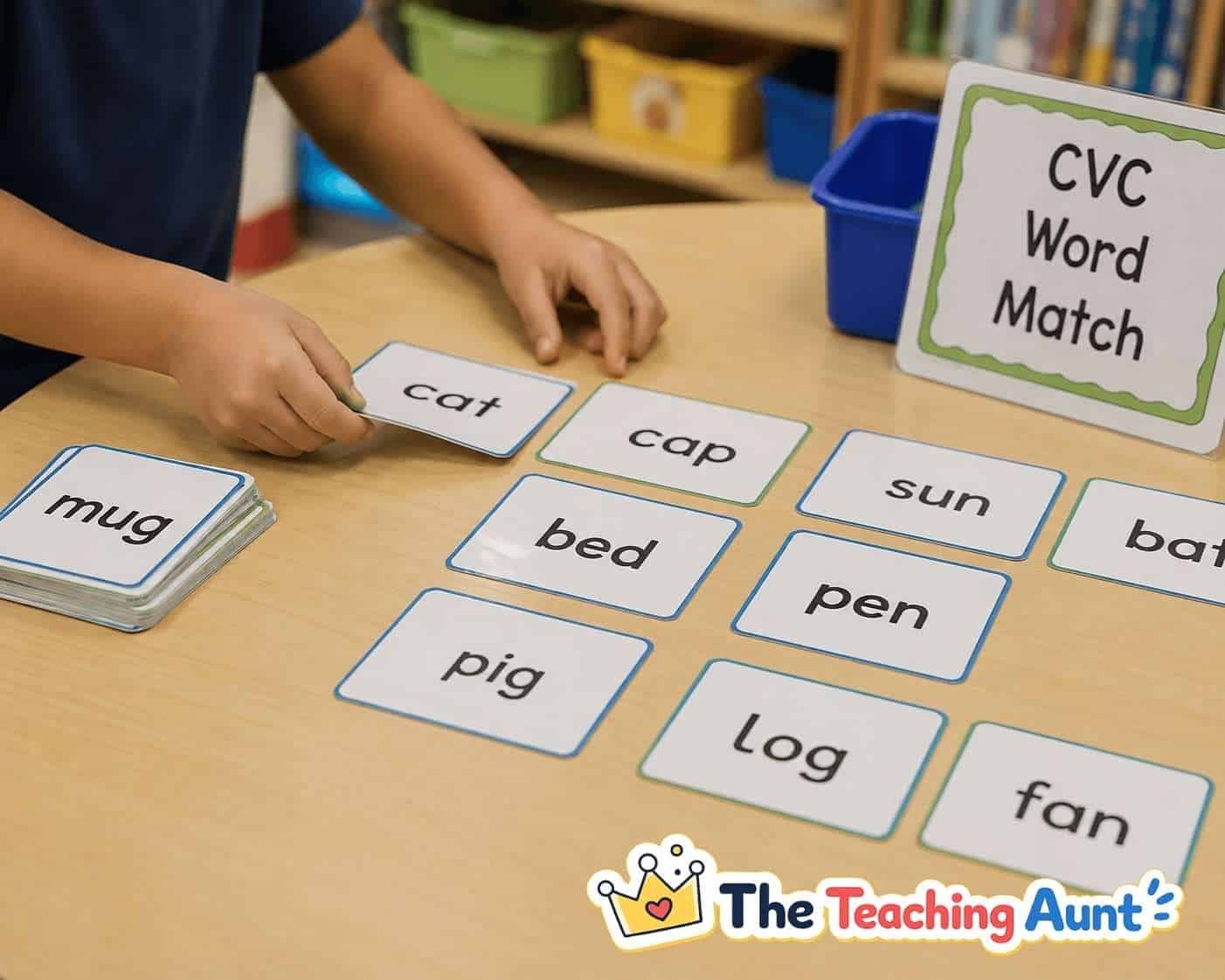 Child matching CVC word cards during a kindergarten phonics activity