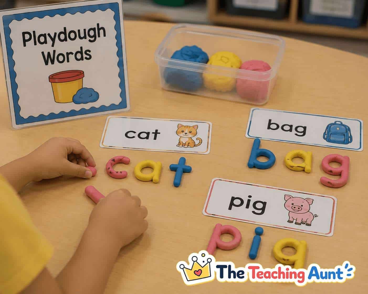 Child building CVC words with playdough letters and word cards