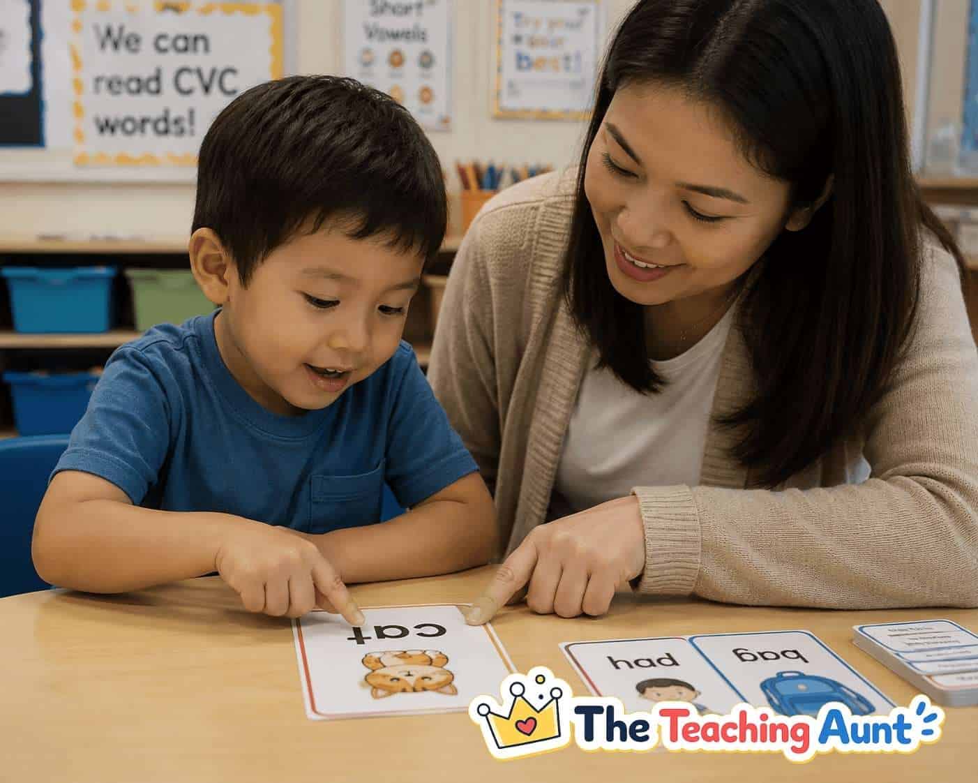 Adult helping a child read CVC words using picture word cards