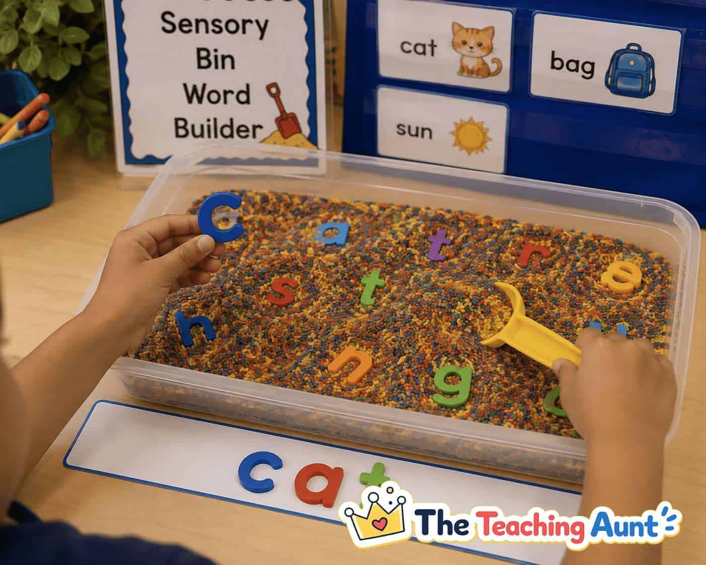 Child building the CVC word cat with letter manipulatives in a sensory bin