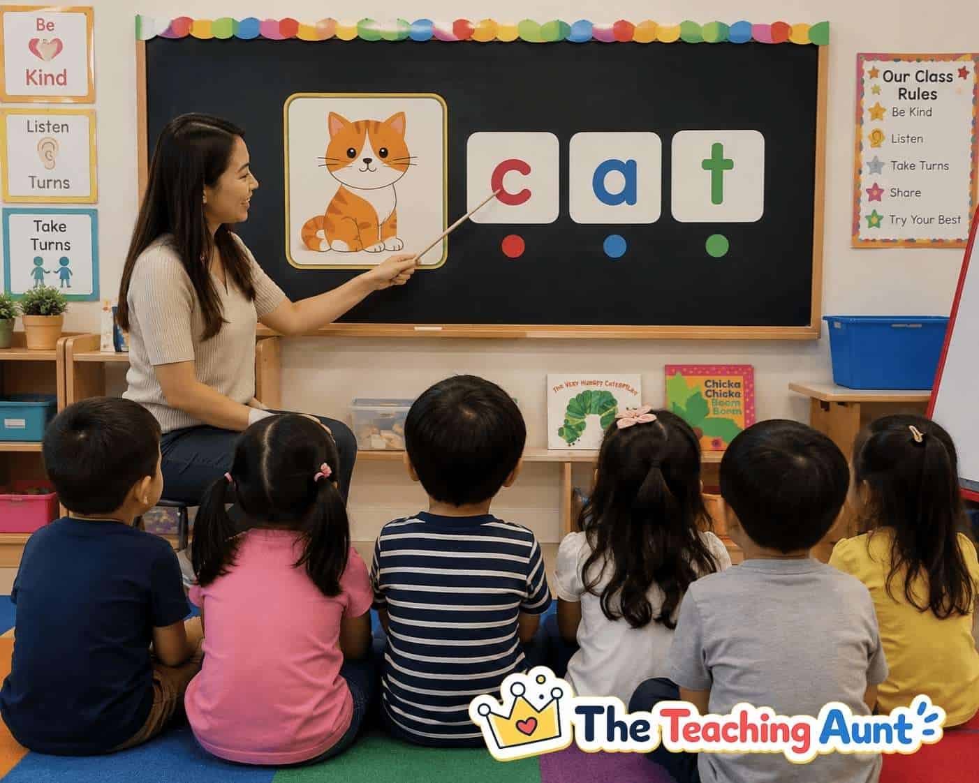 Teacher introducing the CVC word cat to kindergarten students during a phonics lesson