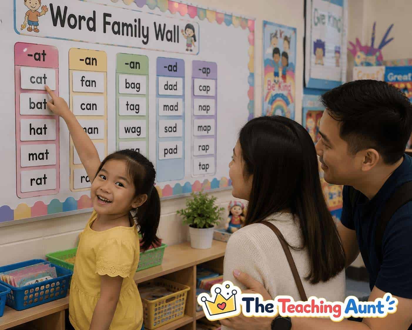 Child reading words from a word family wall with parents in a kindergarten classroom