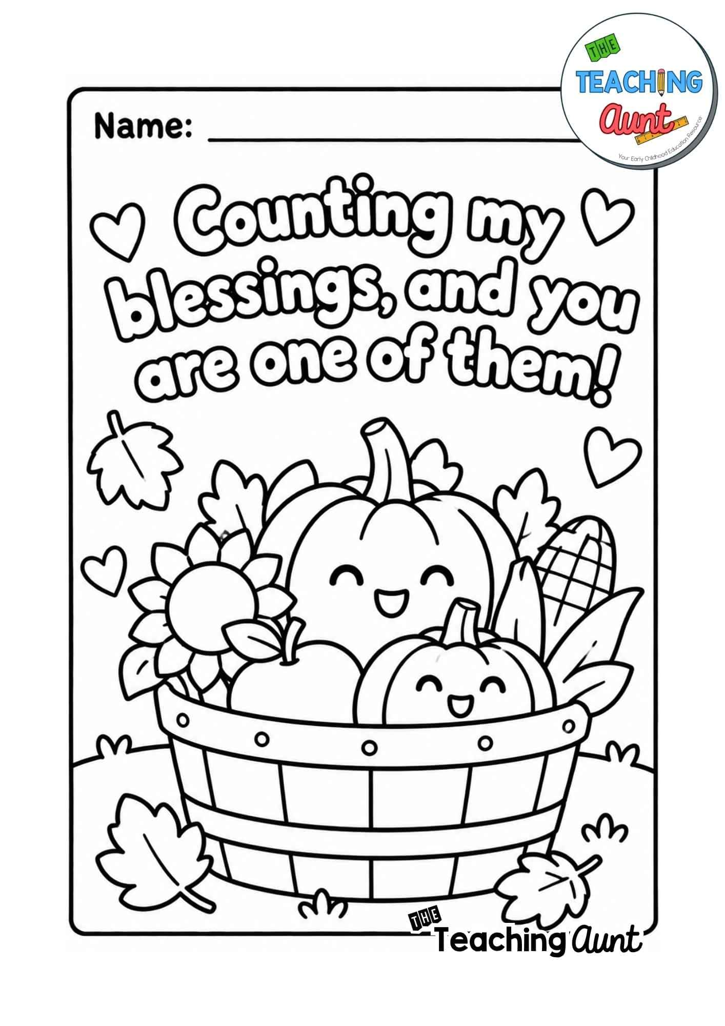 Thanksgiving coloring page featuring smiling pumpkins, a sunflower, corn, and autumn leaves with the message “Counting my blessings, and you are one of them!”