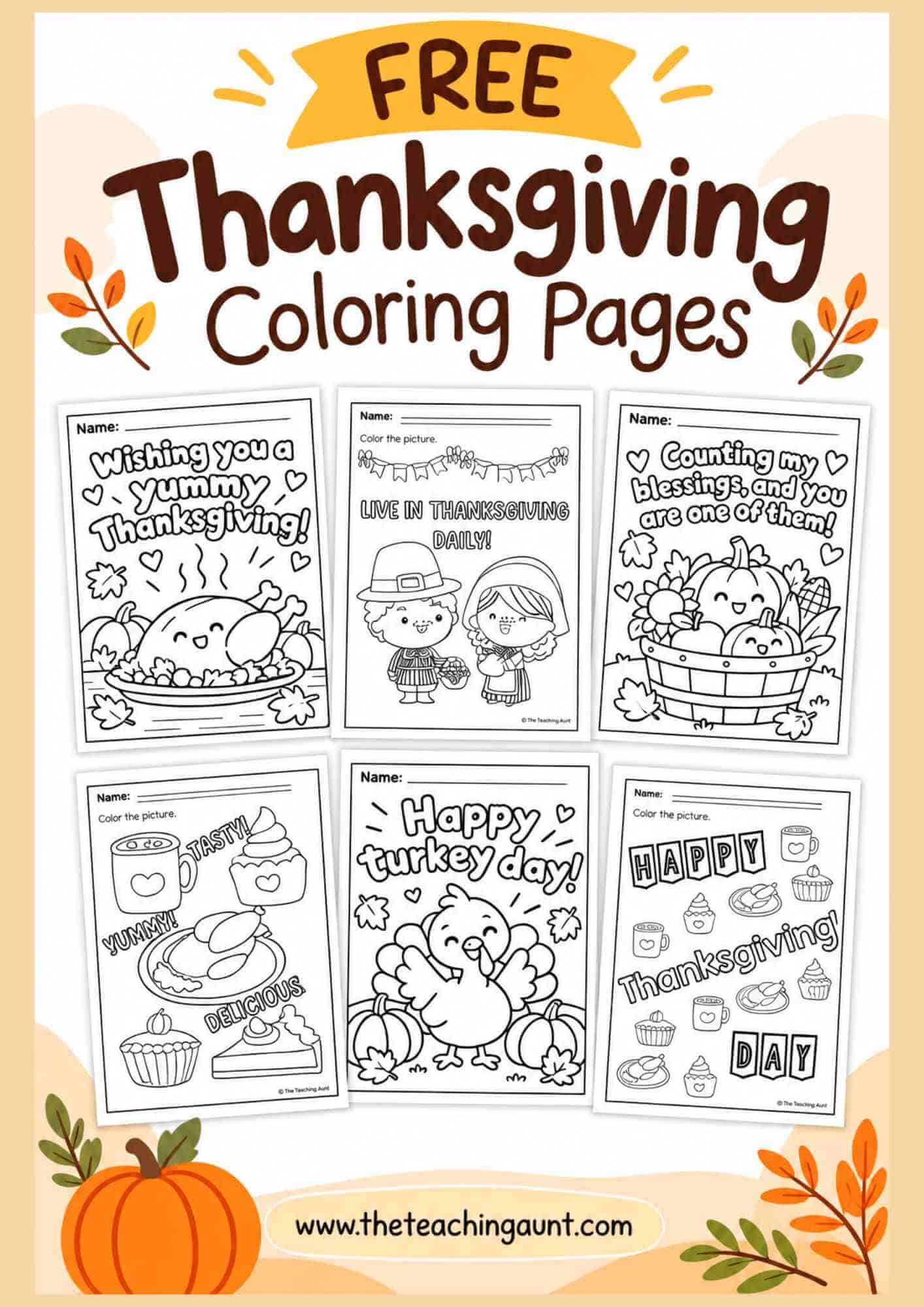 Free Thanksgiving coloring pages printable collage featuring six designs, including turkey coloring pages, Thanksgiving food, gratitude, and Pilgrim children.