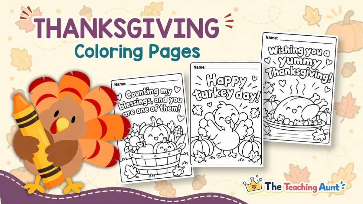 Free Thanksgiving coloring pages featuring printable turkey, gratitude, and Thanksgiving dinner designs, with a cute turkey holding a crayon.