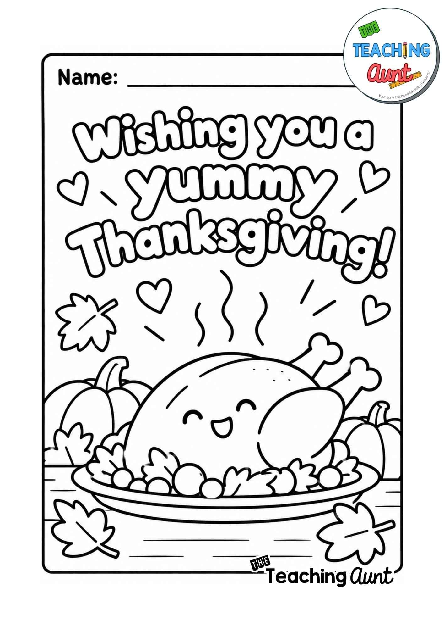 Cute roast turkey on a platter with pumpkins and autumn leaves on a coloring page that says “Wishing you a yummy Thanksgiving!”